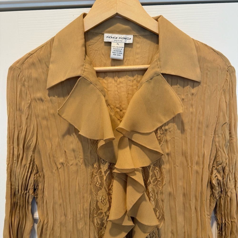 Vintage Y2K Sheer Ruffle Lace Blouse Women’s L Bronze Tan Boho Western Romantic - Picture 3 of 9